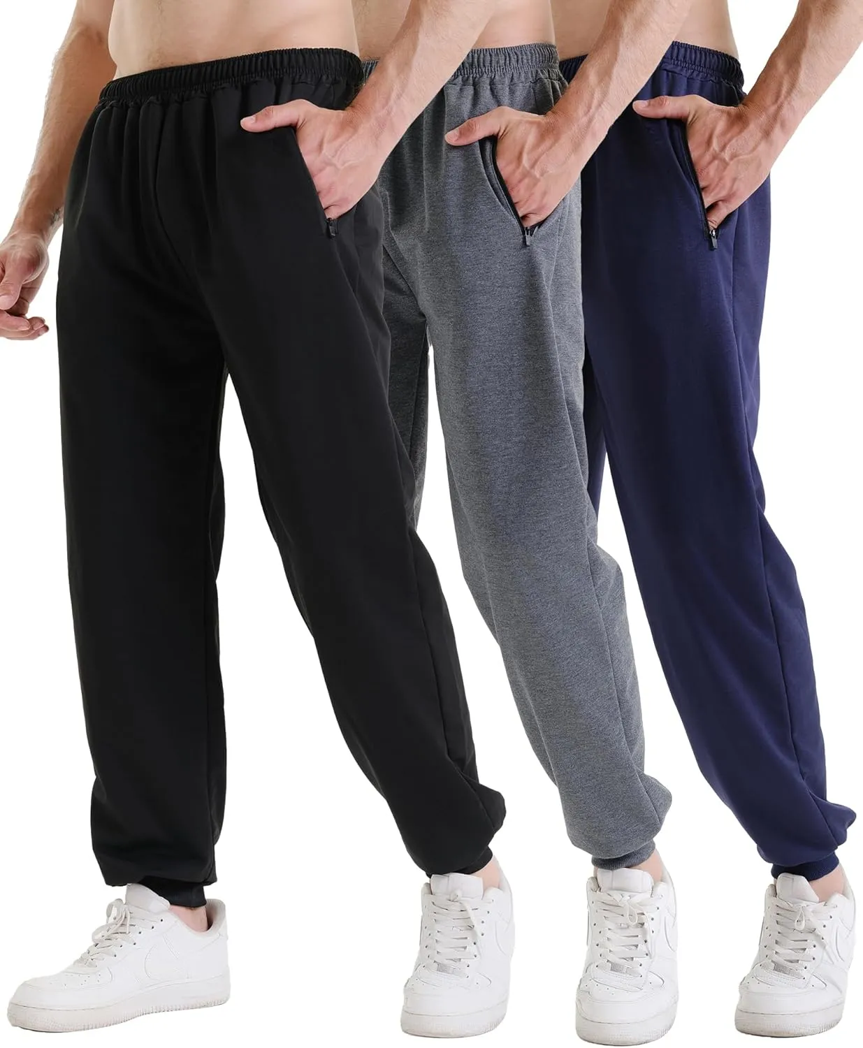 3 Pack Sweatpants for Men Athletic Gym Workout Mens Joggers with Zipper Pockets Active Running Pants