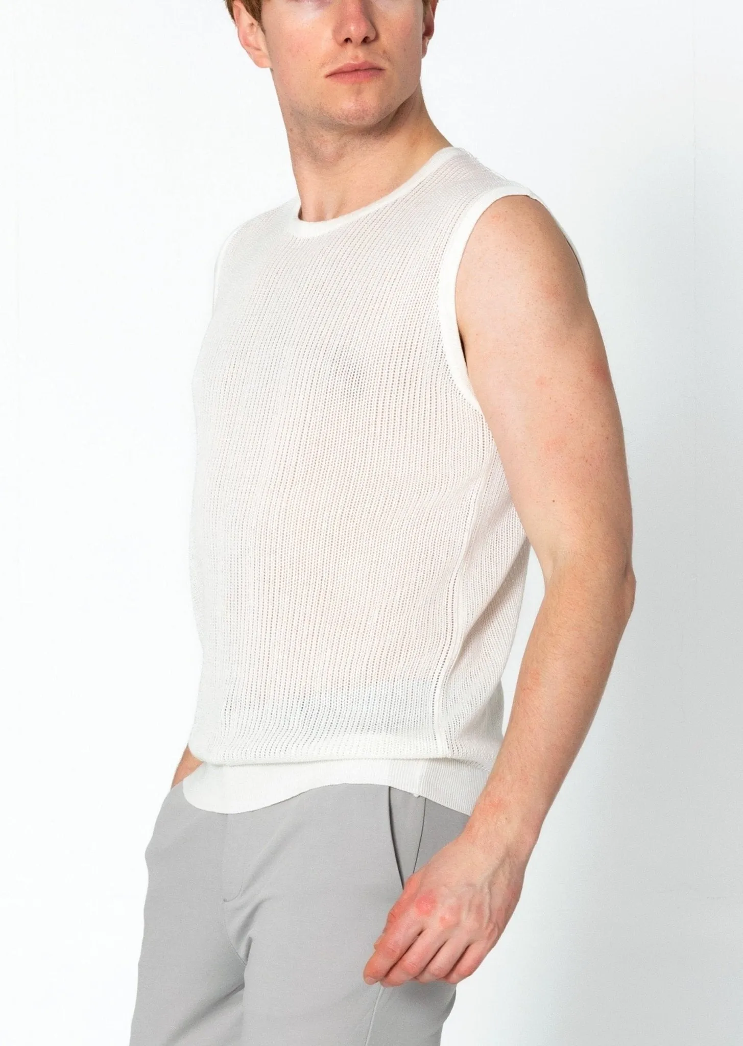 Crew Neck Mesh Tank Top - Off White