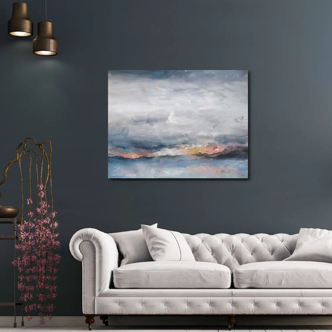 Framed horizontal grey & pink abstract landscape wall art print