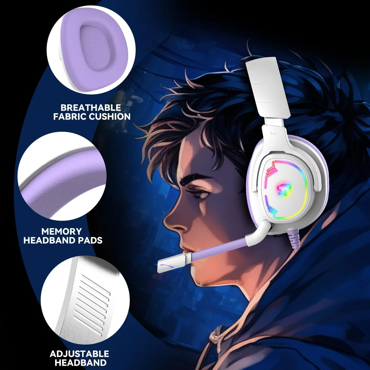Gaming Headset for PC/PS4/PS5/Xbox One/Switch, Stereo Surround Sound Gaming Headphones with Noise Canceling Flexible Mic, Computer Headset with 3.5mm Jack(Purple)