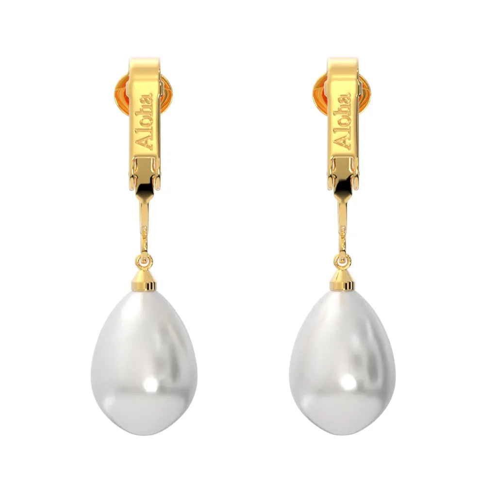 Gold Teardrop Shaped Simulated Freshwater Pearl Clip On Dangling Earrings