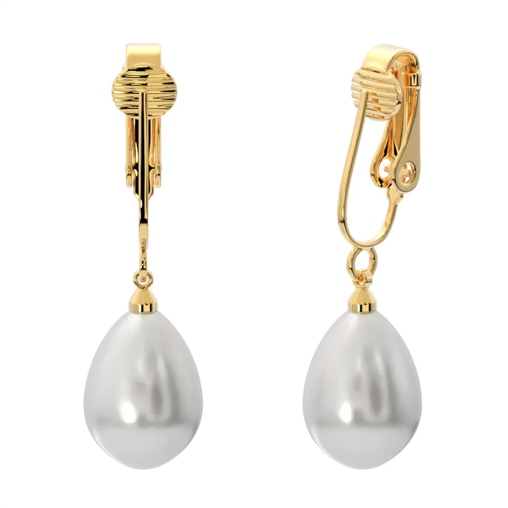 Gold Teardrop Shaped Simulated Freshwater Pearl Clip On Dangling Earrings