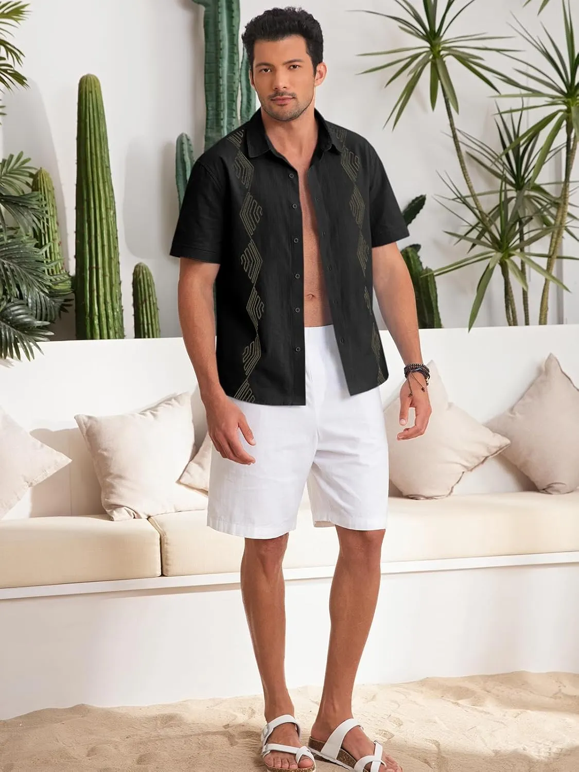 Makkrom Men Cuban Guayabera Shirts Linen Short Sleeve Button Down Cotton Mexican Beach Wedding Shirt