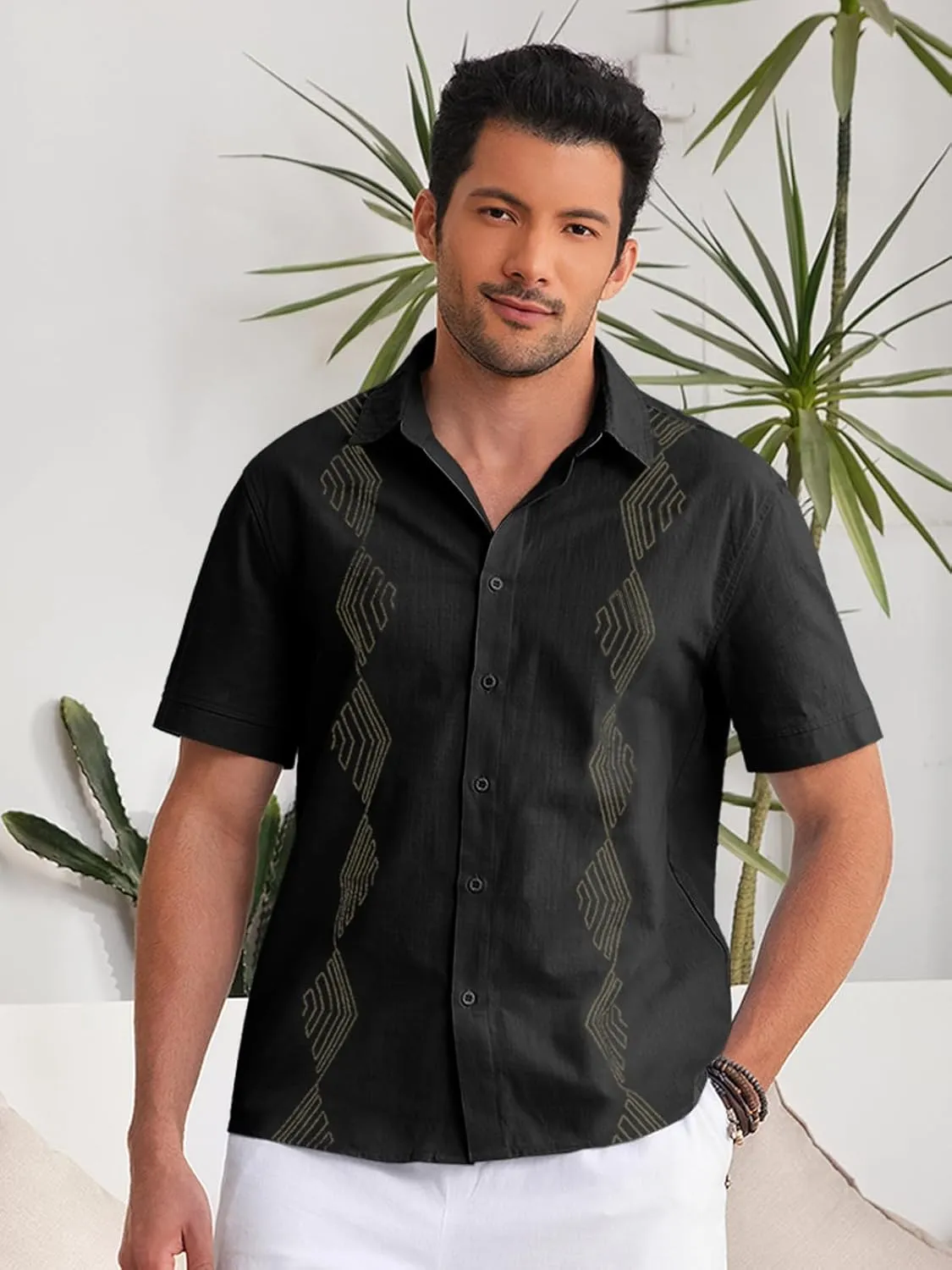 Makkrom Men Cuban Guayabera Shirts Linen Short Sleeve Button Down Cotton Mexican Beach Wedding Shirt