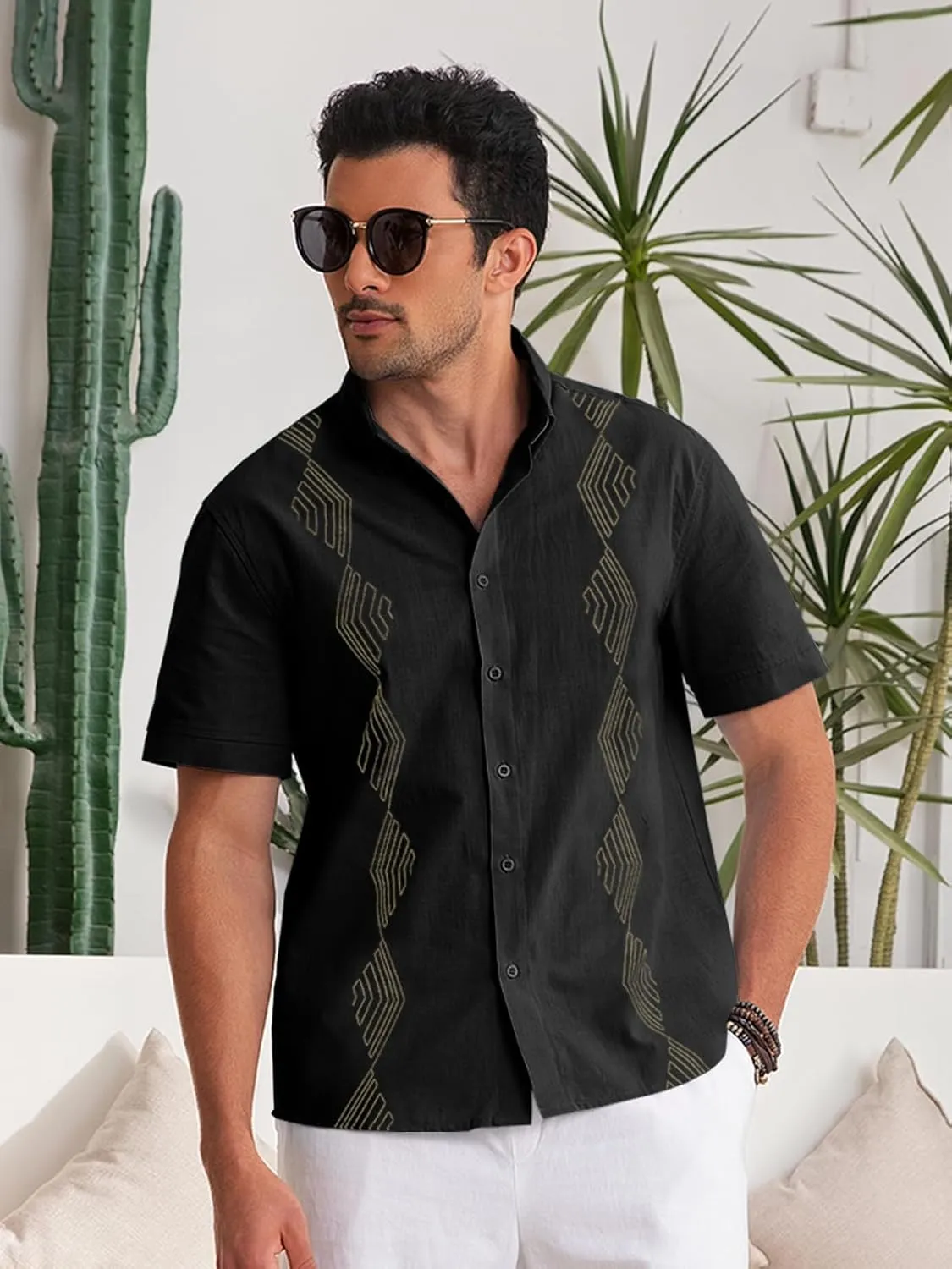 Makkrom Men Cuban Guayabera Shirts Linen Short Sleeve Button Down Cotton Mexican Beach Wedding Shirt
