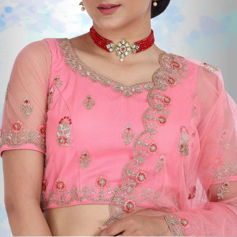 Pink pure net Lehenga Choli with multicolor embroidery