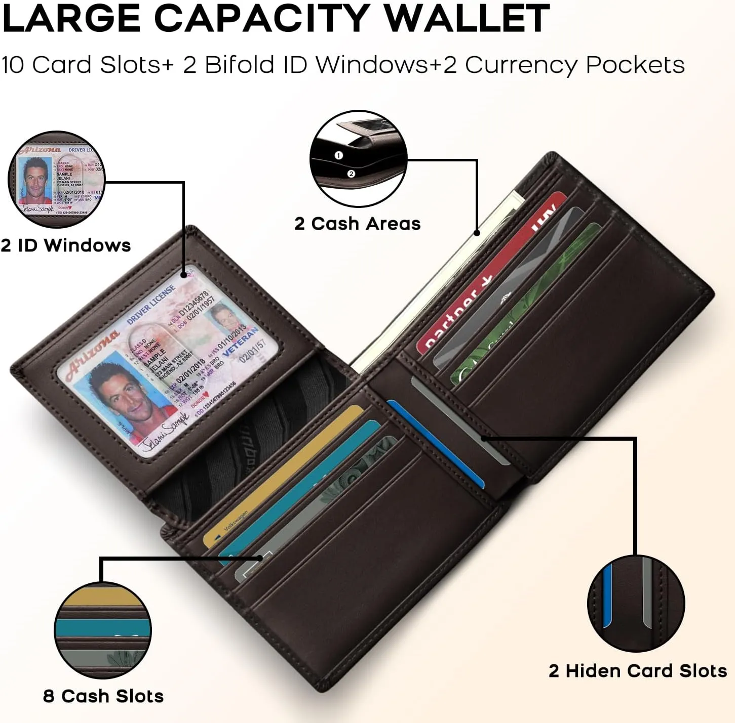 RUNBOX Genuine Leather Wallet for Men, Mens Wallet Bifold Rfid Blocking with 2 ID Windows, Card Holder Wallet with Gift Box
