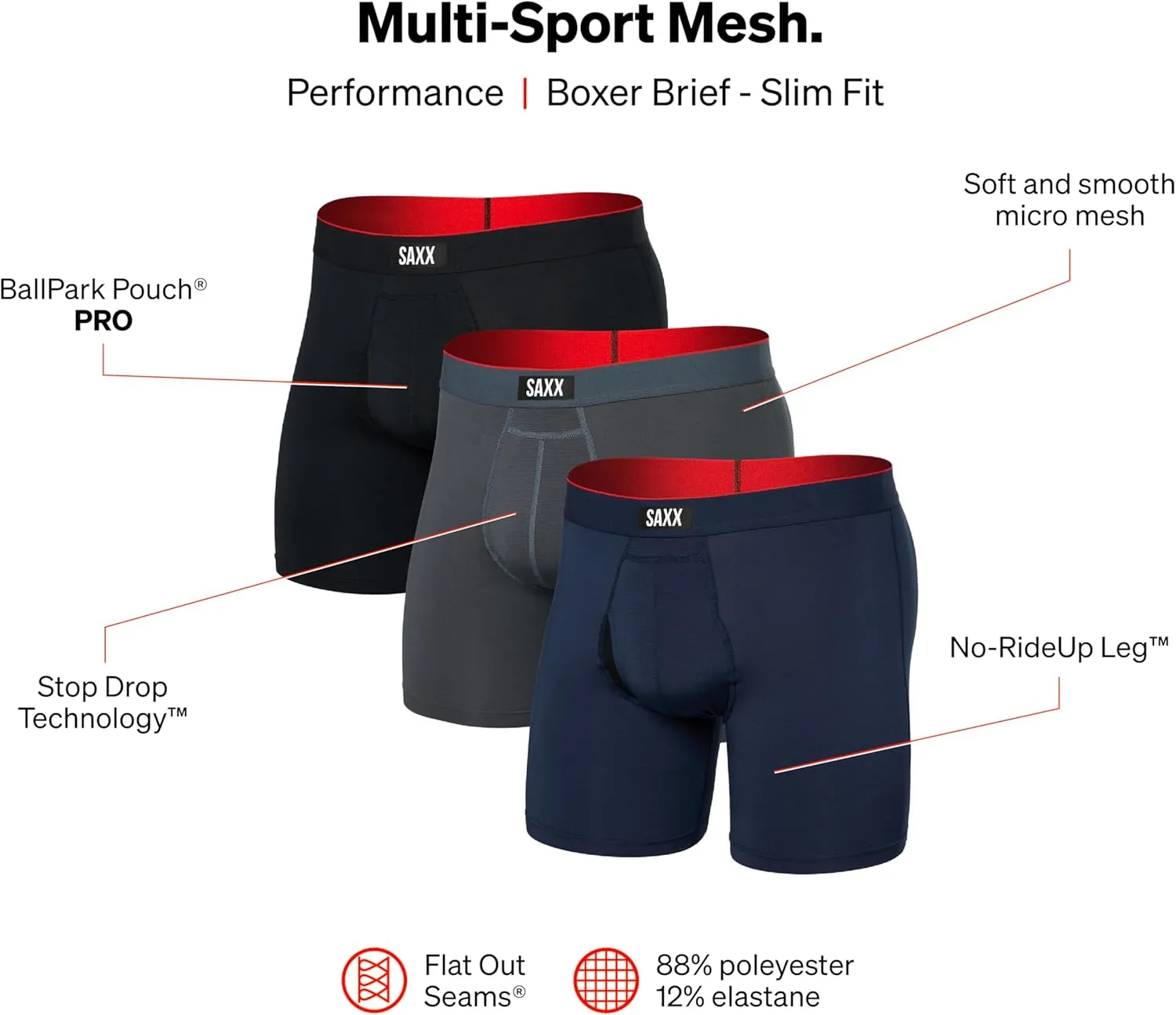SAXX Underwear Co. Men's Underwear with Pouch Multi Sport Mesh Boxer Brief Fly 3Pk