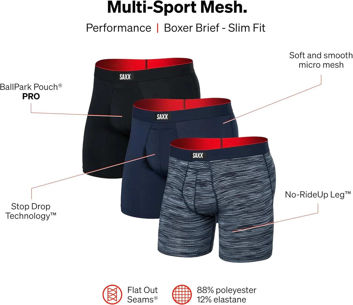 SAXX Underwear Co. Men's Underwear with Pouch Multi Sport Mesh Boxer Brief Fly 3Pk